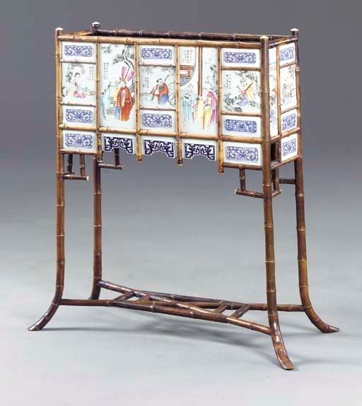 A NAPOLEON III BAMBOO, CHINESE PORCELAIN AND IVORY MOUNTED JARDINIERE**