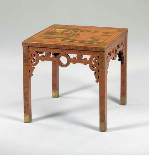 A CHINESE INCISED RED AND POLYCHROME-LACQUER CENTER TABLE,