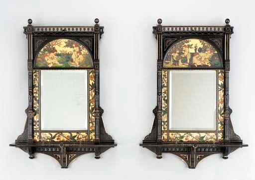 A PAIR OF VICTORIAN AESTHETIC MOVEMENT EBONIZED PARCEL-GILT AND POLYCHROME-PAINTED GIRANDOLES,