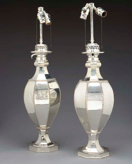 A PAIR OF GEORGE III STYLE SILVER-PLATED LAMPS,