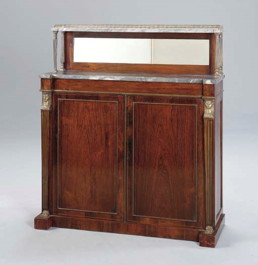 A REGENCY ROSEWOOD, BRASS INLAID, BRONZE MOUNTED AND GREY BARDIGLIO MARBLE CHIFFONIER,