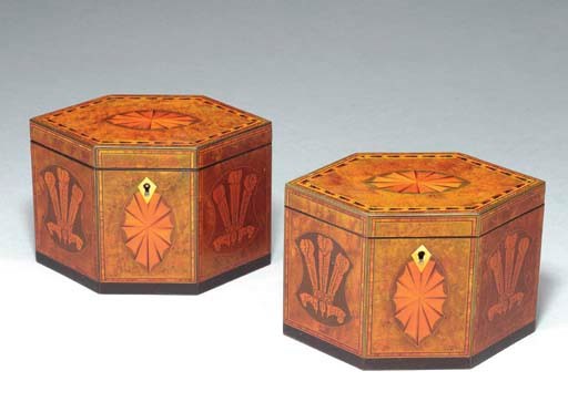 A PAIR OF VICTORIAN BIRD'S EYE MAPLE AND MARQUETRY TEA CADDIES,
