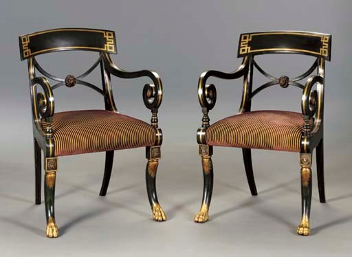 A PAIR OF REGENCY BRASS-MOUNTED PARCEL-GILT AND GREEN-PAINTED ARMCHAIRS,