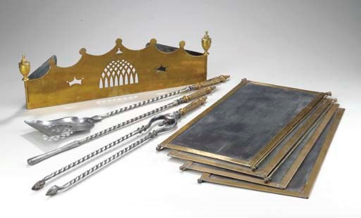 A SET OF VICTORIAN BRASS AND STEEL FIRE TOOLS,