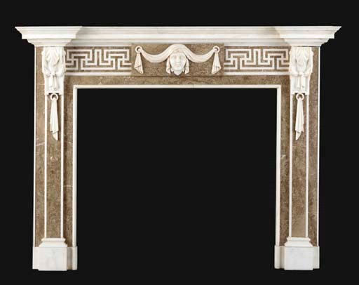 A GEORGE III STYLE WHITE AND MOTTLED BROWN MARBLE CHIMNEYPIECE,