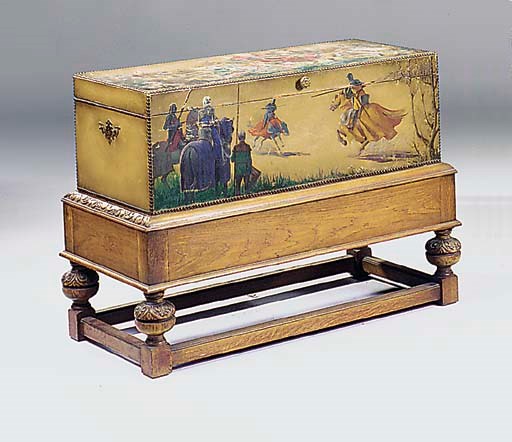 A painted leather trunk on an oak stand, 20th century