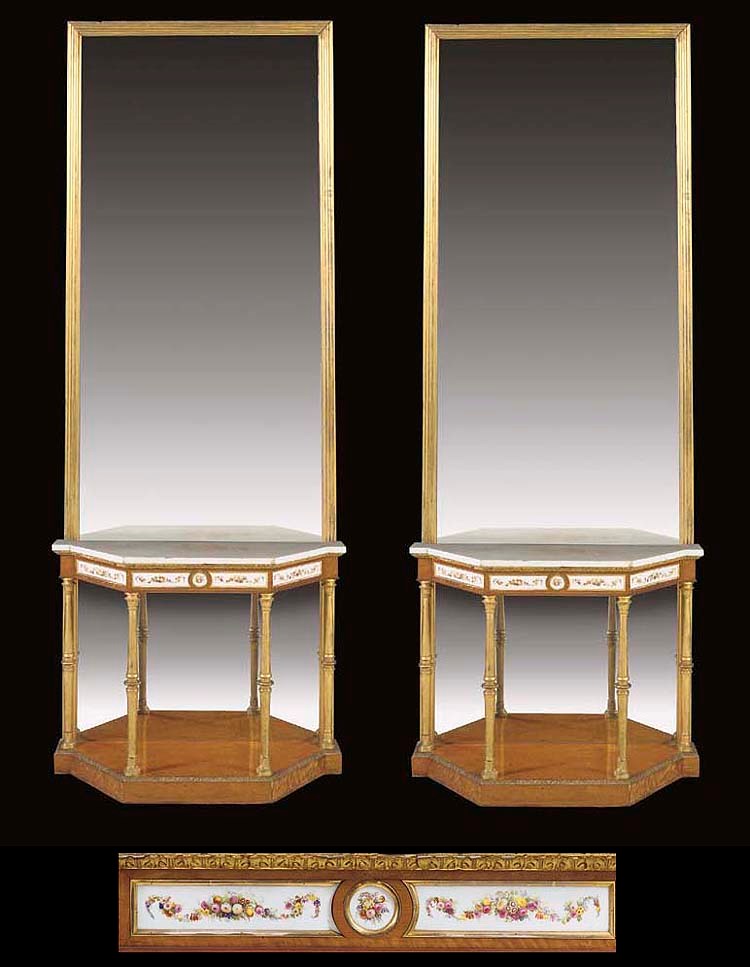 A PAIR OF PORCELAIN-MOUNTED AND PARCEL-GILT SATINWOOD PIER TABLES AND GILTWOOD PIER GLASSES