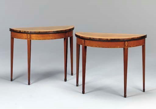 A PAIR OF GEORGE III SATINWOOD, MAHOGANY AND MARQUETRY CARD-TABLES