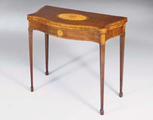A GEORGE III HAREWOOD AND MARQUETRY CARD-TABLE