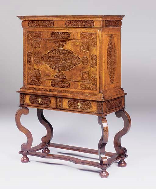 A WILLIAM AND MARY WALNUT AND ARABESQUE-MARQUETRY ESCRITOIRE-ON-STAND