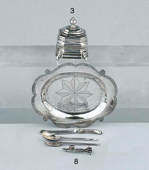 A Dutch silver miniature tray, pair of snuffers, a fork, spoon and knife
