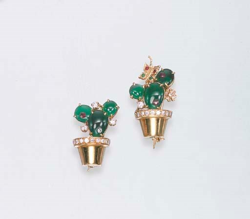 A PAIR OF CHRYSOPRASE, DIAMOND AND RUBY "CACTUS" BROOCHES