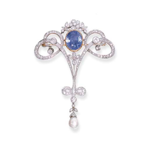 A BELLE EPOQUE SAPPHIRE AND DIAMOND BROOCH