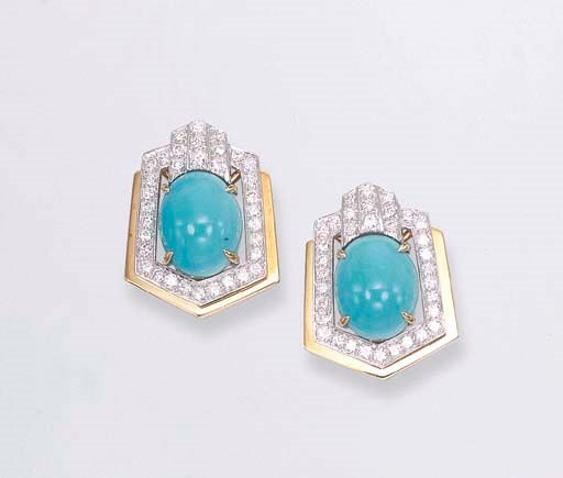 A PAIR OF TURQUOISE AND DIAMOND EAR CLIPS, BY DAVID WEBB