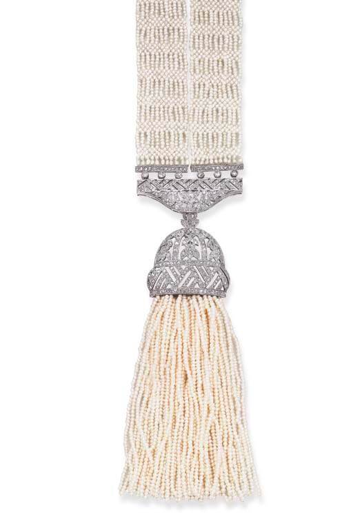 A BELLE EPOQUE SEED PEARL AND DIAMOND SAUTOIR
