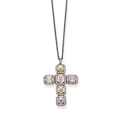 A COLOURED DIAMOND CROSS PENDANT
