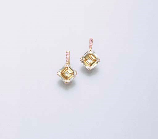 A PAIR OF FANCY BROWNISH YELLOW DIAMOND AND PINK DIAMOND EAR PENDANTS