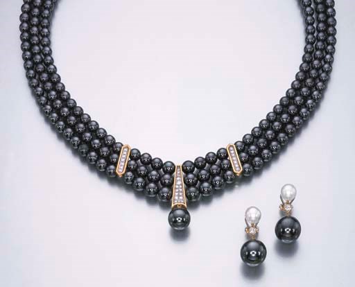 A SET OF HEMATITE AND DIAMOND JEWELLERY