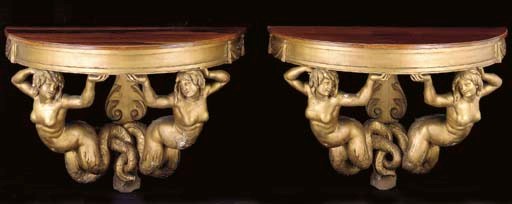 A PAIR OF ITALIAN GOLD-PAINTED WOOD AND HARDWOOD DEMI-LUNE CONSOLE TABLES,