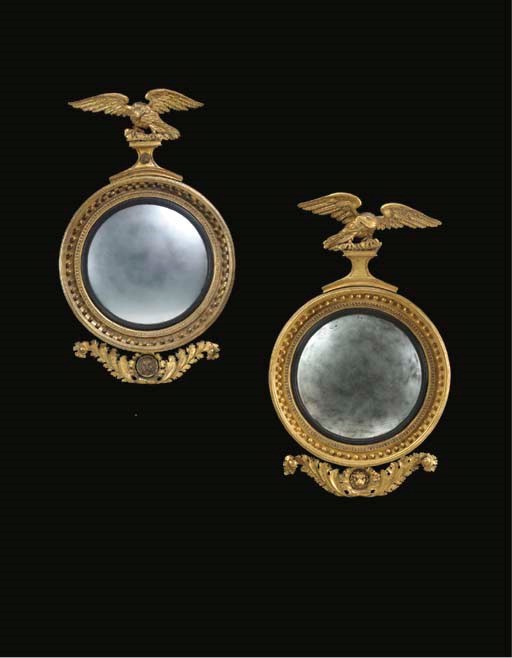 TWO GILTWOOD CONVEX MIRRORS,