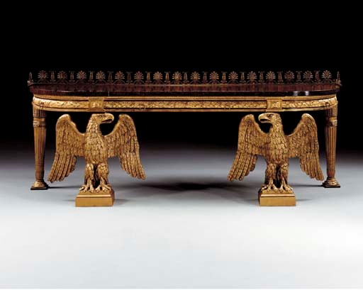 A REGENCY GILTWOOD, GILT-COMPOSITION AND FAUX PORPHYRY CONSOLE TABLE