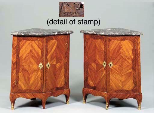 A PAIR OF LOUIS XV KINGWOOD AND TULIPWOOD ENCOIGNURES,