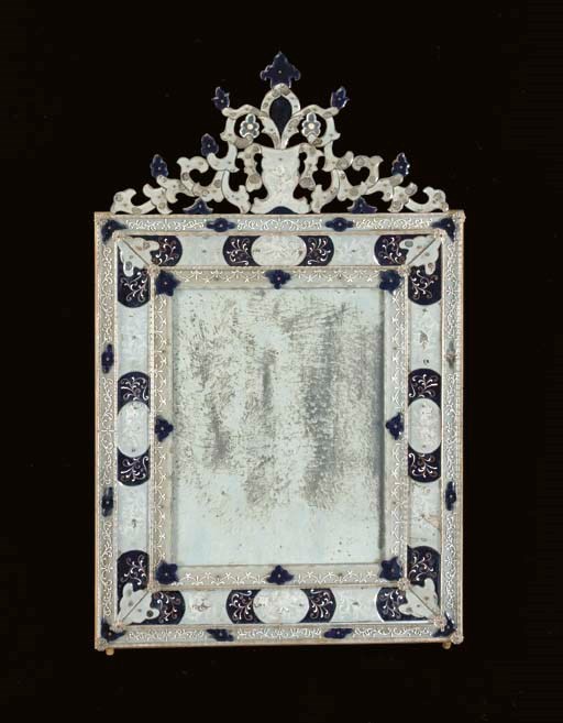 A VENETIAN PAINTED CUT COLORLESS, ETCHED AND COBALT GLASS MIRROR,