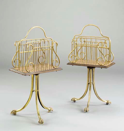 A MATCHED PAIR OF ENGLISH BRASS AND OAK CANTERBURYS,