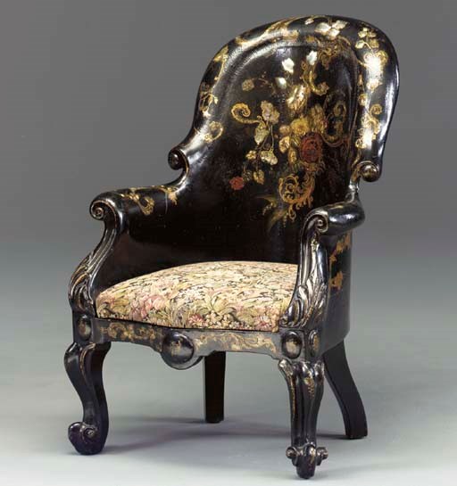 A VICTORIAN MOTHER-OF-PEARL INLAID BLACK, GILT AND POLYCHROME-DECORATED PAPIER MACHE ARMCHAIR,