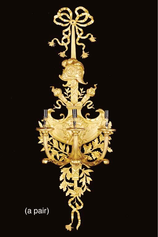 A PAIR OF LOUIS XVI STYLE ORMOLU THREE-BRANCH WALL-LIGHTS,