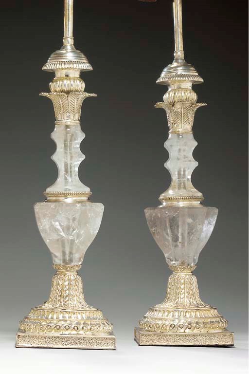 A PAIR OF NEOCLASSIC STYLE ROCK CRYSTAL AND SILVERED BRONZE LAMPS,
