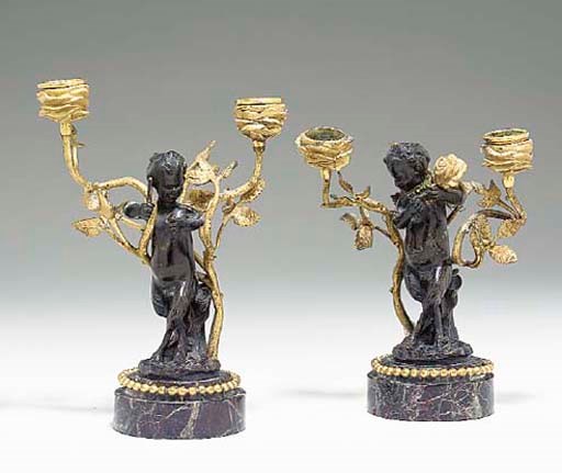 A PAIR OF LOUIS XV STYLE ORMOLU AND PATINATED-BRONZE TWO-LIGHT CANDELABRA,
