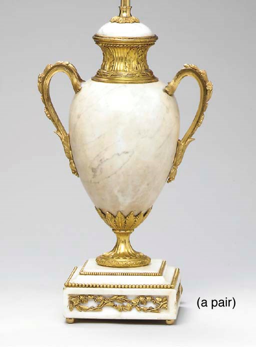 A PAIR OF LOUIS XVI STYLE ORMOLU-MOUNTED WHITE MARBLE VASES MOUNTED AS LAMPS,