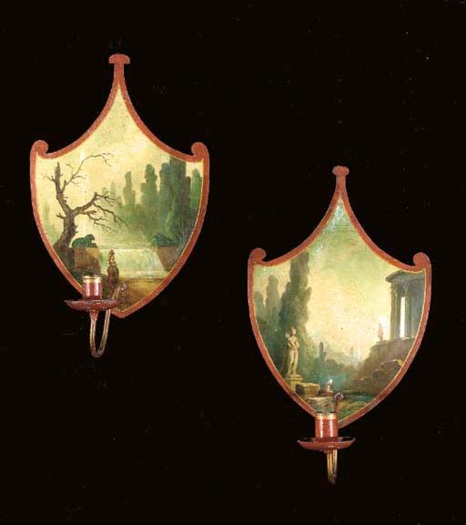 A PAIR OF FRENCH POLYCHROME-DECORATED TOLE SINGLE-BRANCH WALL-LIGHTS,