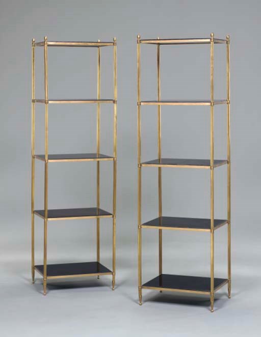A PAIR OF BRASS AND BLACK SLATE FOUR-TIER ETAGERES,