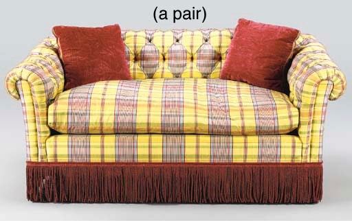 A PAIR OF SILK UPHOLSTERED SOFAS,