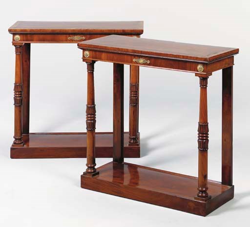 A PAIR OF WILLIAM IV BRASS-INLAID AND ORMOLU-MOUNTED MAHOGANY PIER TABLES,
