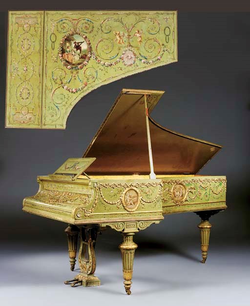 A FRENCH PARCEL-GILT GRISAILLE, POLYCHROME- AND GREEN-PAINTED PIANO