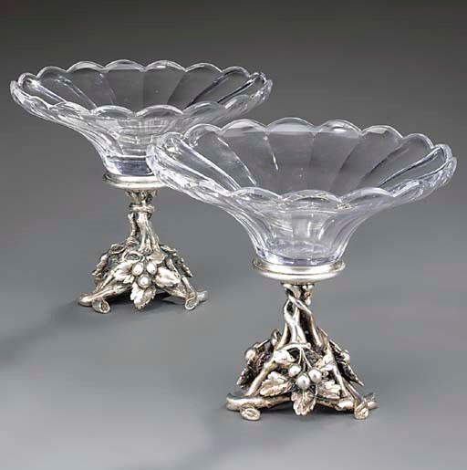 TWO FRENCH SILVERED-METAL AND MOULDED GLASS TAZZAS