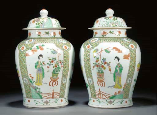 A PAIR OF FAMILLE VERTE BALUSTER JARS AND COVERS
LATE 19TH CENTURY