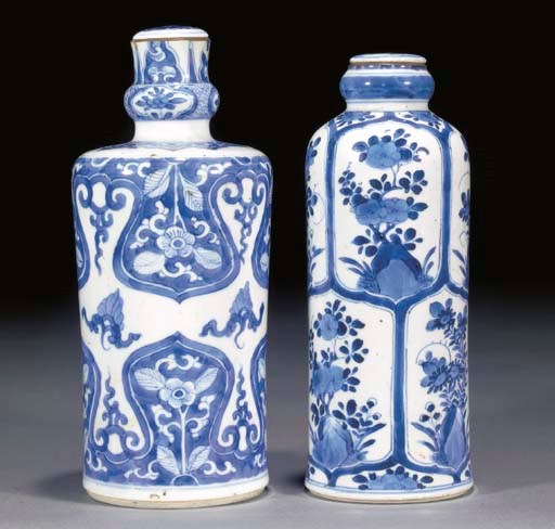 TWO CHINESE BLUE AND WHITE CYLINDRICAL JARS
KANGXI