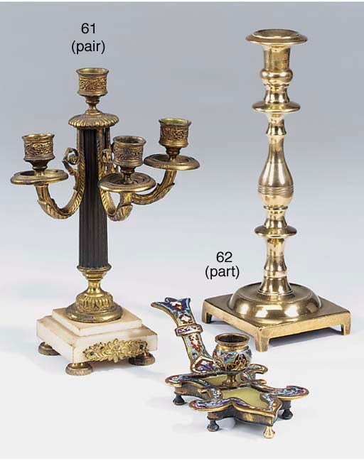 A pair of French gilt and patinated bronze and white marble four light candelabra, early 20th century