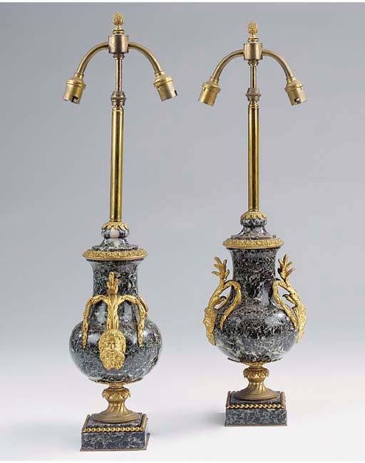 A PAIR OF Continental ORMOLU MOUNTED marmo rosso Levanto urn table lamps, early 20th Century