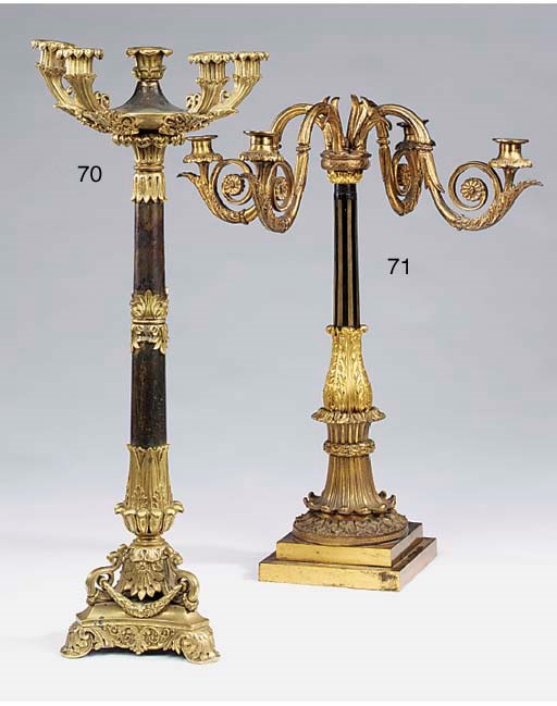 A French gilt and patinated bronze six light candelabrum, mid 19th century