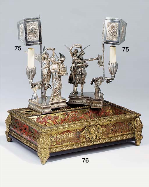 A French brass and simulated scarlet tortoiseshell veneered encrier, late 19th century