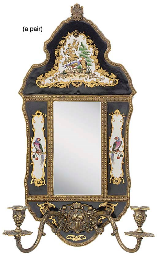 A pair of French porcelain and metal mounted twin light girandoles, 20th century