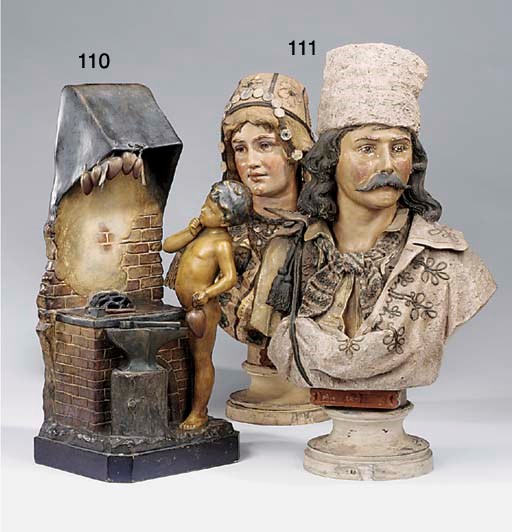 A pair of polychrome terracotta busts of Romanies, first quarter 20th century