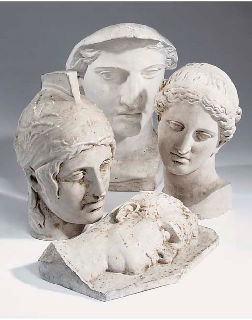 Four French plaster cast models of Classical heads, late 19th century