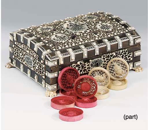 A Vizagapatnam ivory fretwork and buffalo horn veneered sandalwood box, late 19th century