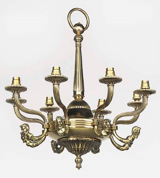A brass eight light electrolier, second half 20th century